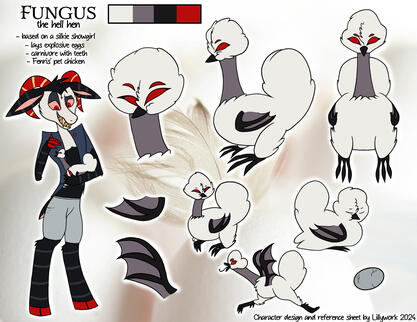 'Fungus' Demon chicken design and reference sheet (2024)
